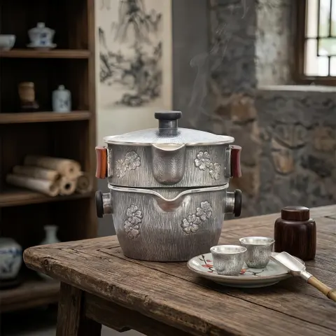 925 Sterling Silver Elegant Floral-Engraved Cooking Pot with Wooden Handles-Fine Tea Dispenser - Handicraft