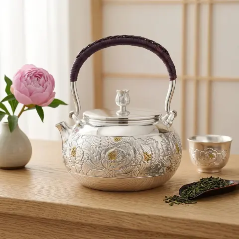 925 Sterling Silver Handcrafted Silver Teapot Featuring Gilded Floral Engravings and a Woven Purple Handle - Handicraft