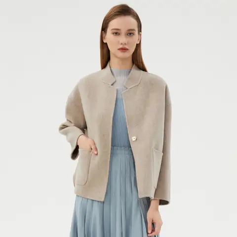 Women's Loose Woolen Coat with Small Stand Collar
