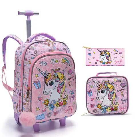 Kız Çocuk Pembe Unicorn Payetli Işıklı 3 Parça Tekerlekli Çanta Seti