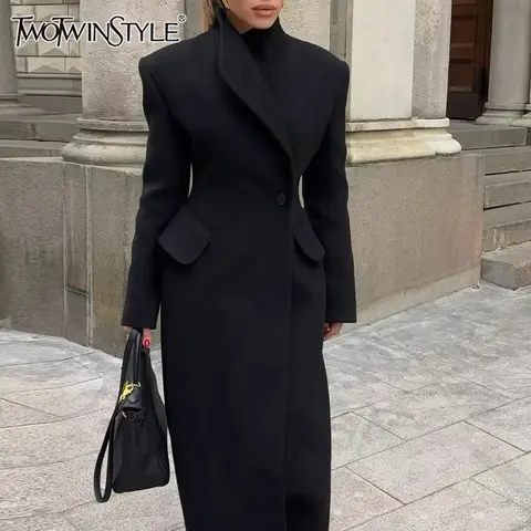 TWOTWINSTYLE Kadın Siyah Uzun Tek Düğmeli Geniş Omuzlu Kaban, S–L