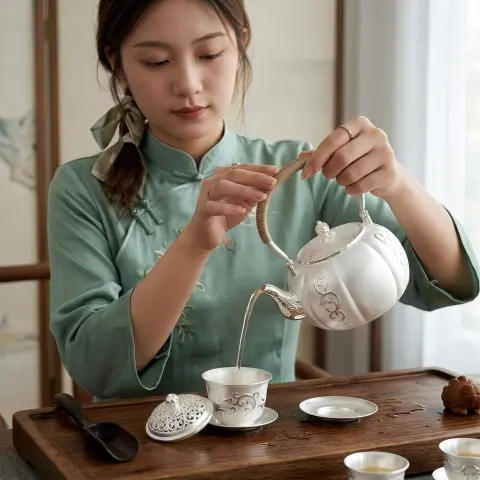 925 Sterling Silver Elegant Silver-Tone Pumpkin-Shaped Teapot with Woven Handle and Decorative Engravings - Handicraft