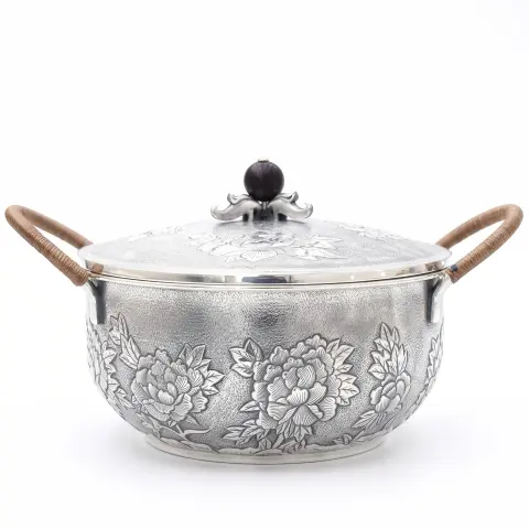 925 Sterling Silver Elegant Handcrafted Serving Pot with Floral Motifs and Wooden Handles-Premium Hot Pot - Handicraft