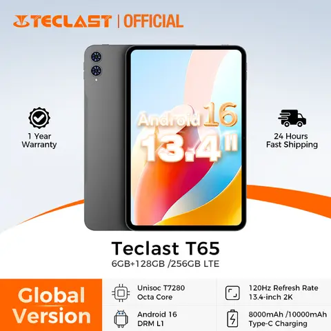 تابلت تيكلاست T65 بشاشة 13.4 بوصة بدقة 2K وتردد 120 هرتز، معالج Unisoc T7280 ثماني النواة، ذاكرة وصول عشوائي تصل إلى 26 جيجابايت، ذاكرة تخزين 128 جيجابايت، بطارية 8000 مللي أمبير، نظام أندرويد 16، يدعم شريحتي اتصال.