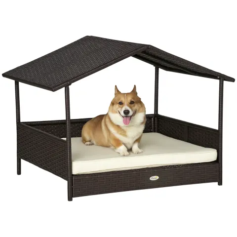 Wicker Dog House, Rattan Pet Bed, With Removable Cushion, Canopy, For Small And Medium Dogs - Cream