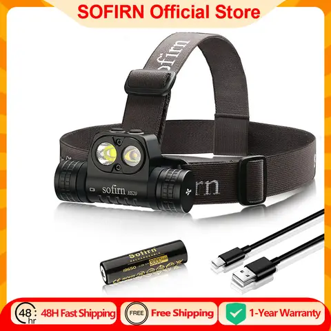 مصباح أمامي LED قابل لإعادة الشحن عبر USB-C طراز SOFIRN HS20 بقوة 2300 لومن مع ضوء مركزي وواسع ومفتاح مزدوج ومؤشر