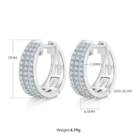 أقراط حلقية مويسانيت من الفضة الإسترلينية S925 وزن 4.8g وقياس 17mm مرصعة بثلاثة صفوف (هاقي) مع شهادة GRA، طقم صندوق هدايا مجوهرات راقية مطلي بالبلاتين للنساء