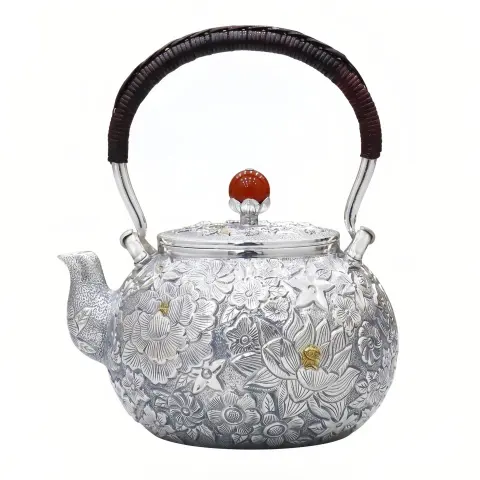 925 Sterling Silver Handcrafted Silver Teapot with Intricate Floral Embossing and Red Agate Finial - Handicraft