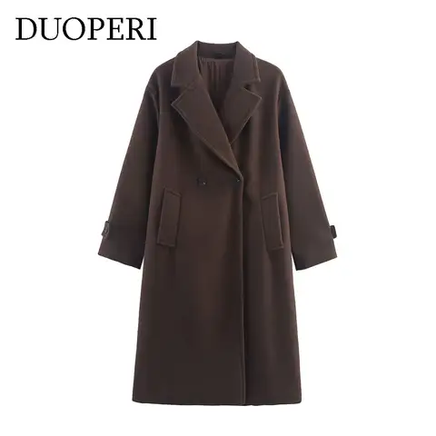 DUOPERI Women's Long Brown Woolen Coat with Notch Neck