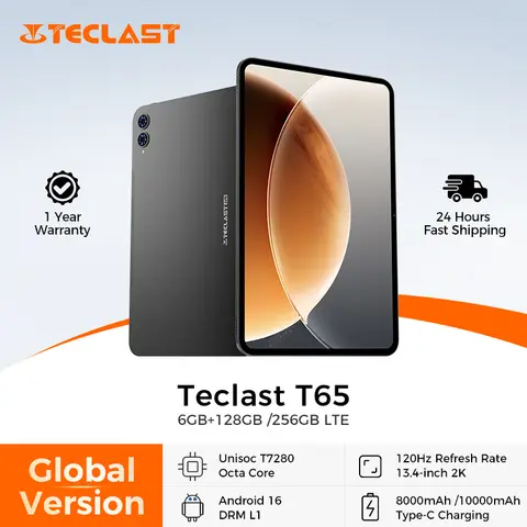 تابلت تيكلاست T65 بشاشة 13.4 بوصة بدقة 2K وتردد 120 هرتز، يعمل بنظام أندرويد 16، ذاكرة تخزين 128 جيجابايت/256 جيجابايت، معالج يونيسوك T7280 ثماني النواة، بطارية 8000 مللي أمبير، يدعم شريحتي اتصال 4G