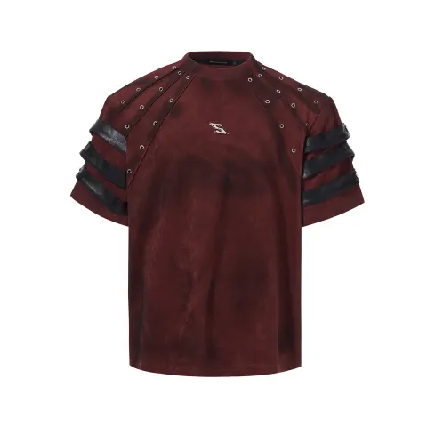Men's Dark Leather Patchwork Distressed Red T-Shirt
