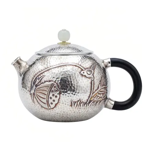 925 Sterling Silver Elegant Handcrafted Teapot with Intricate Bird and Lotus Design-exquisite handmade teapot - Handicraft