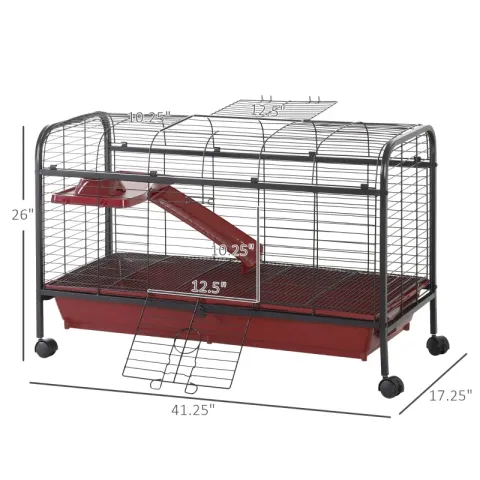 PawHut 41L Small Animal Cage, Pet Play House For Rabbit Hutch Ferret With Feeder, Rolling Wheels, Platform, Ramp