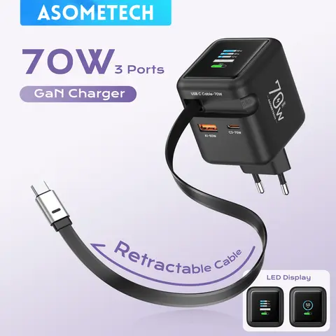 شاحن سريع 70 وات GaN مع كابل من النوع C قابل للسحب 3 في 1 PD3.0 QC4.0 PPS شحن سريع لهاتف IPhone 16 15 14 Xiaomi Tablet Laptop