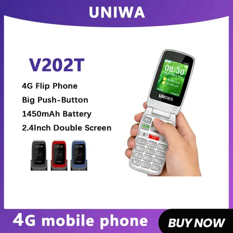 هاتف UNIWA V202T 4G القابل للطي بتصميم عصري وشاشة مزدوجة وأزرار كبيرة للمسنين، بطارية 1450 مللي أمبير مع وظيفة SOS