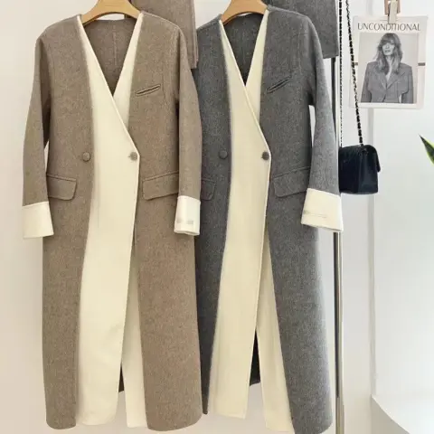 Women's Double-Sided Reversible Wool Coat with V-Neck Scarf