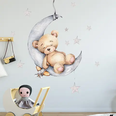 Ay Üzerinde Uyuyan Ayı Çocuk Odası Kendinden Yapışkanlı Duvar Sticker