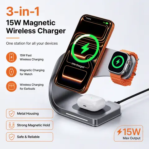 Wireless Charger Stand Metal Shell Magnetic 15W Fast Charging Station Stand for iPhone 12-17 Mobile Phones Airpods Watch 4 in 1