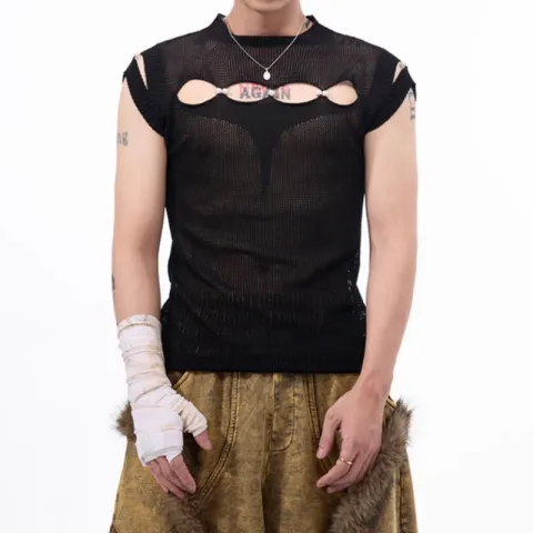 Men's Dark Hollow-Out Knit Sleeveless T-Shirt