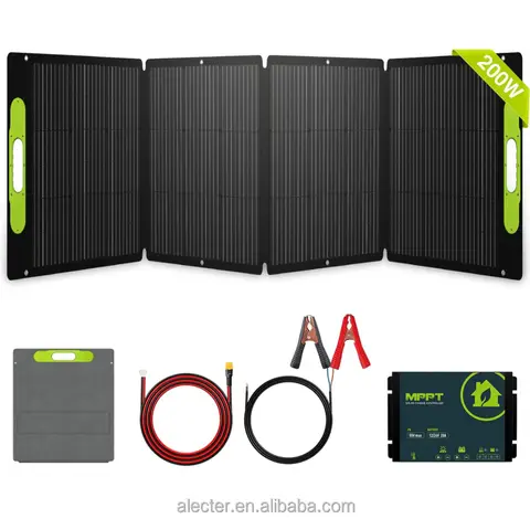طقم ألواح شمسية محمول وقابل للطي بقدرة 200W و12V مع حقيبة بحامل قابل للتعديل ووحدة تحكم MPPT سعة 20A وكابل وحدة تحكم بطول 20 قدم وقياس 12AWG