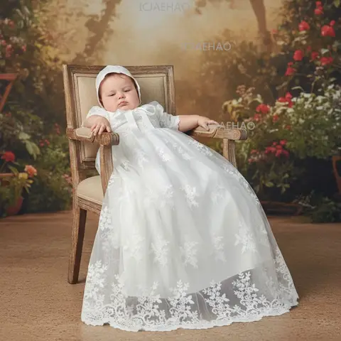 Baby Girls White Long Lace Christening Gown Set with Hat