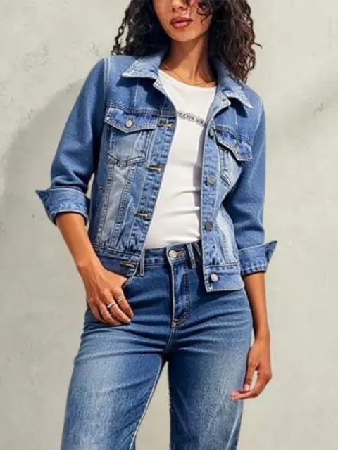 Women's Blue Washed Cropped Denim Jacket