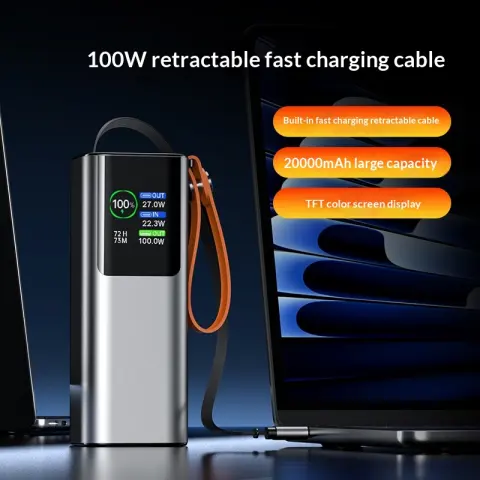 High-power Portable Charger With Retractable Cable Fast Charging TFT Color Display And Aluminum Alloy Casing