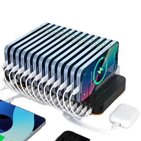 360W 15-Port Multi-USB Desktop Charger PD3.0 USB C Fast Charging Station Phone Stand with 5V/2A Input for Mobile Phones Laptop