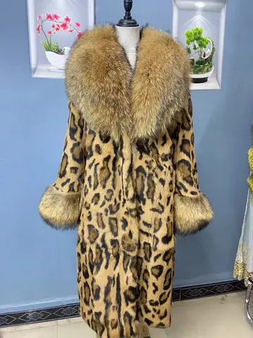Women's Long Real Fox Fur Coat with Leopard Print and Hood