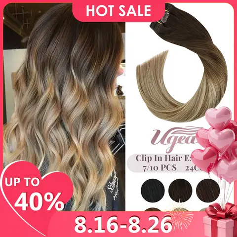 Ugeat كليب في شعر مستعار بشري شقراء اللون سلس غير مرئية كامل رئيس Balayage لينة تمديدات شعر ريمي لصالون