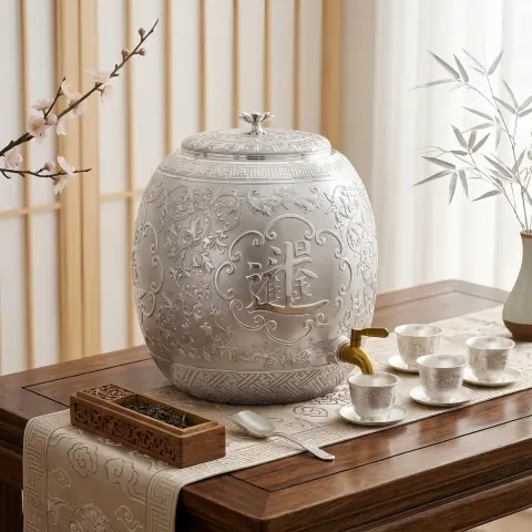 925 Sterling Silver Ornate Handcrafted Silver Beverage Dispenser with Traditional Auspicious Engravings and Metallic Tap - Handicraft